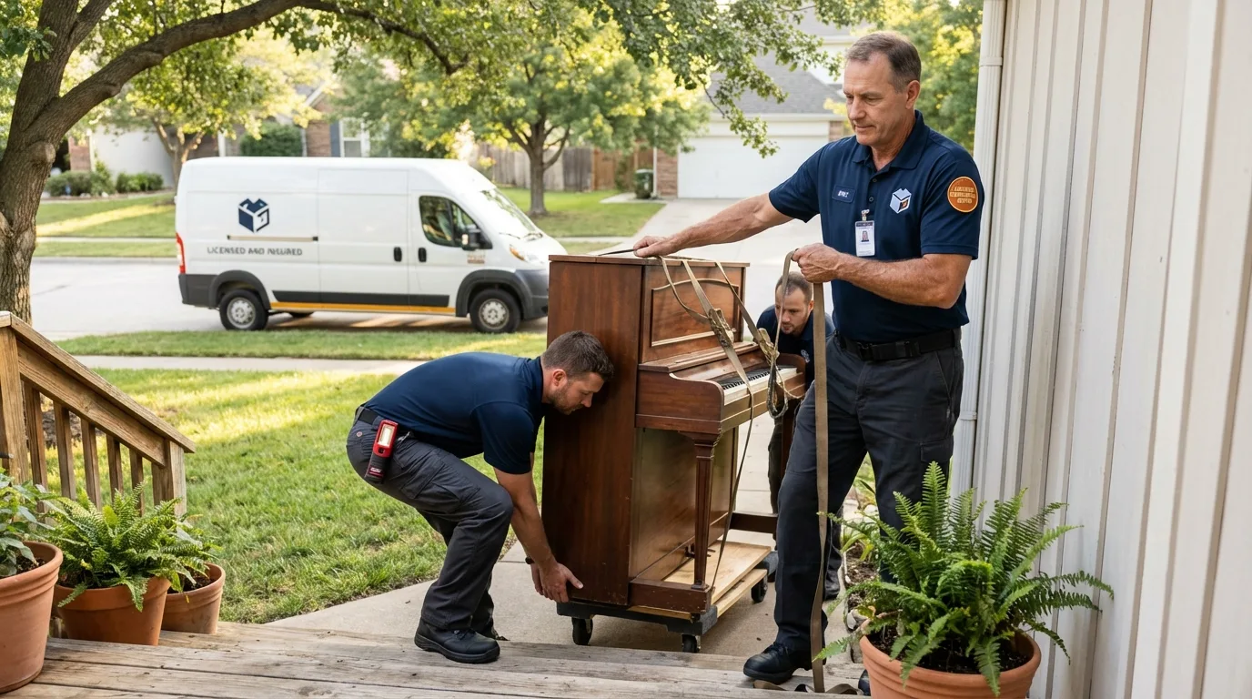 Licensed piano movers securing grand piano in Chatham, NJ