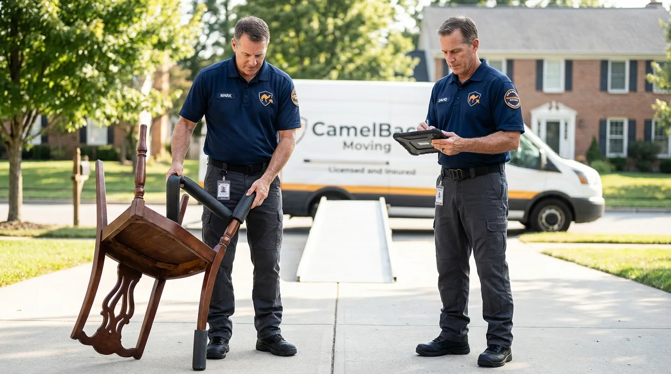 Movers inspecting furniture for damage prevention before loading in Chatham, NJ